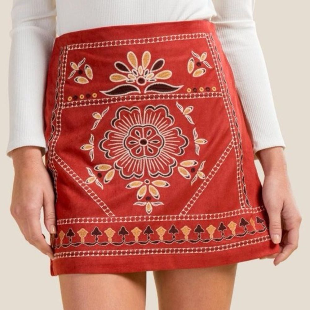 Miami Red Embroidered Mini Skirt